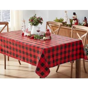 Newbridge Holiday Buffalo Plaid Vinyl Christmas Tablecloth with Flannel Backing, Red & Black Rustic Cottage Check, Wipe Clean, 60 x 120 Inch Rectangle