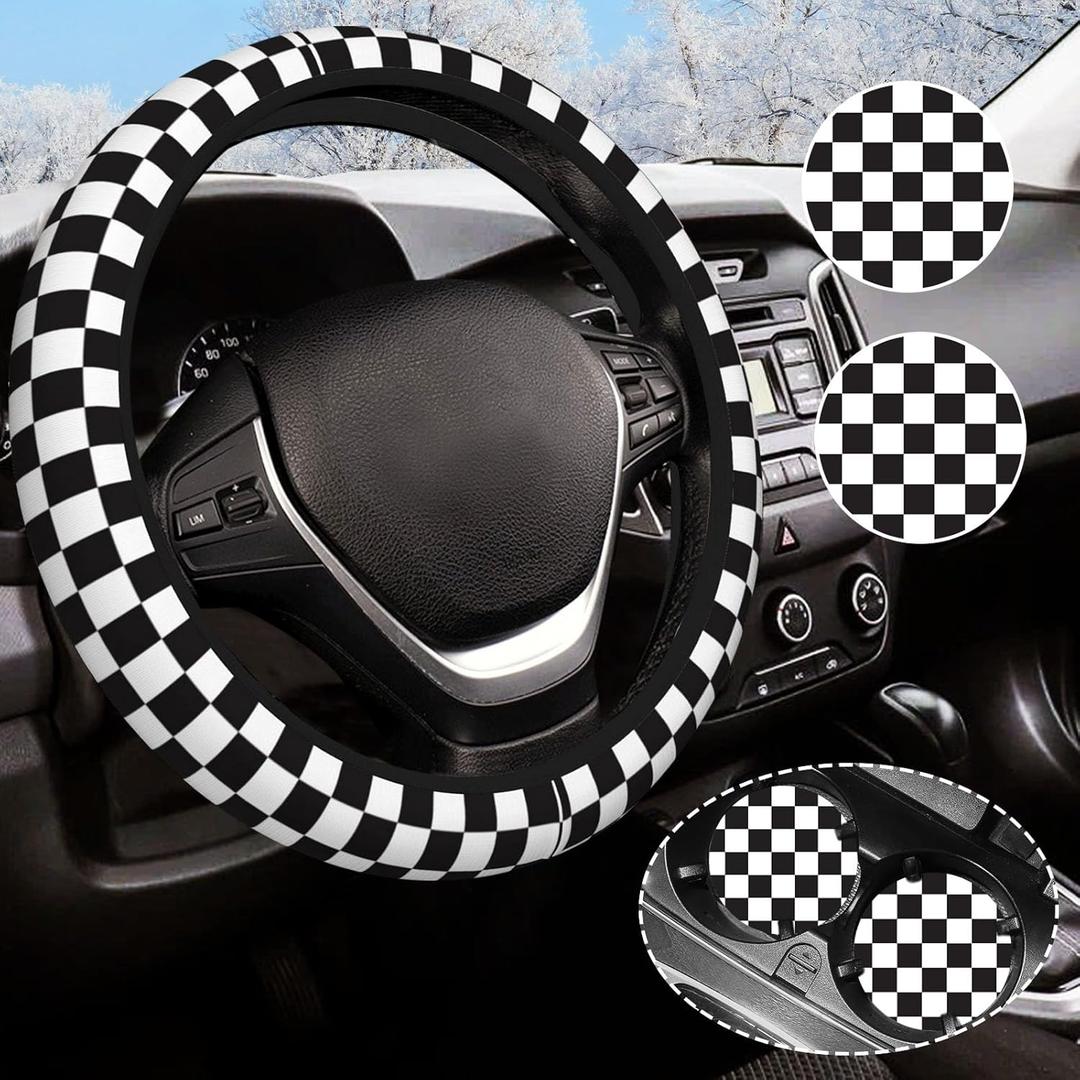 Black and White Checkered Steering Wheel Cover Rubber Anti-Slip 14.5-15 Inch Universal Steering Wheel Cover with 2 Pieces Car Coasters Suitable for Men Women (one size)