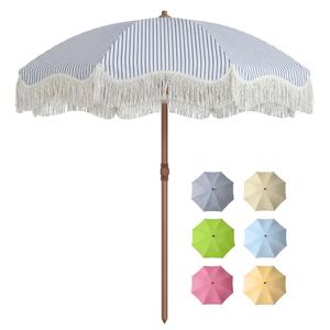 Tobeos 7FT Patio Umbrella with Fringe, Outdoor Tassel Umbrella with Fiberglass Ribs, Boho Beach Umbrella, Push Button Tilt and Carrying Bag, UPF50+, Blue and White Stripe
