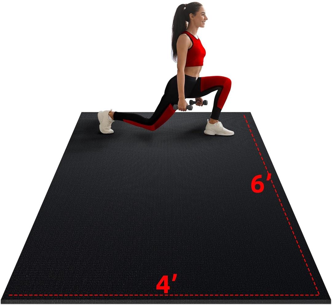 Large Exercise Mat for Home Workout,6'*4' (7mm) Extra Thick Workout Mat, High-Density Gym Mat for Cardio, Jump Rope, MMA, Weights (Shoe-Friendly) (6'*4'Black)