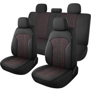 YGL Luxury PU Leather Car Seat Covers Full Set, Anti-Stain Interior Protector.Waterproof Auto Seat Covers for Cars,Trucks,Van,SUV,Pickup,Airbag Compatible (Black/Red Line)