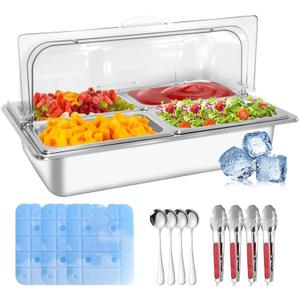 Countertop Ice Food Serving Display Tray with 4 Pan, Salad Bar Buffet Station for Home, Cold Food Buffet Server, Pizza Topping Station, Cold Buffet Table Serving Station for Party
