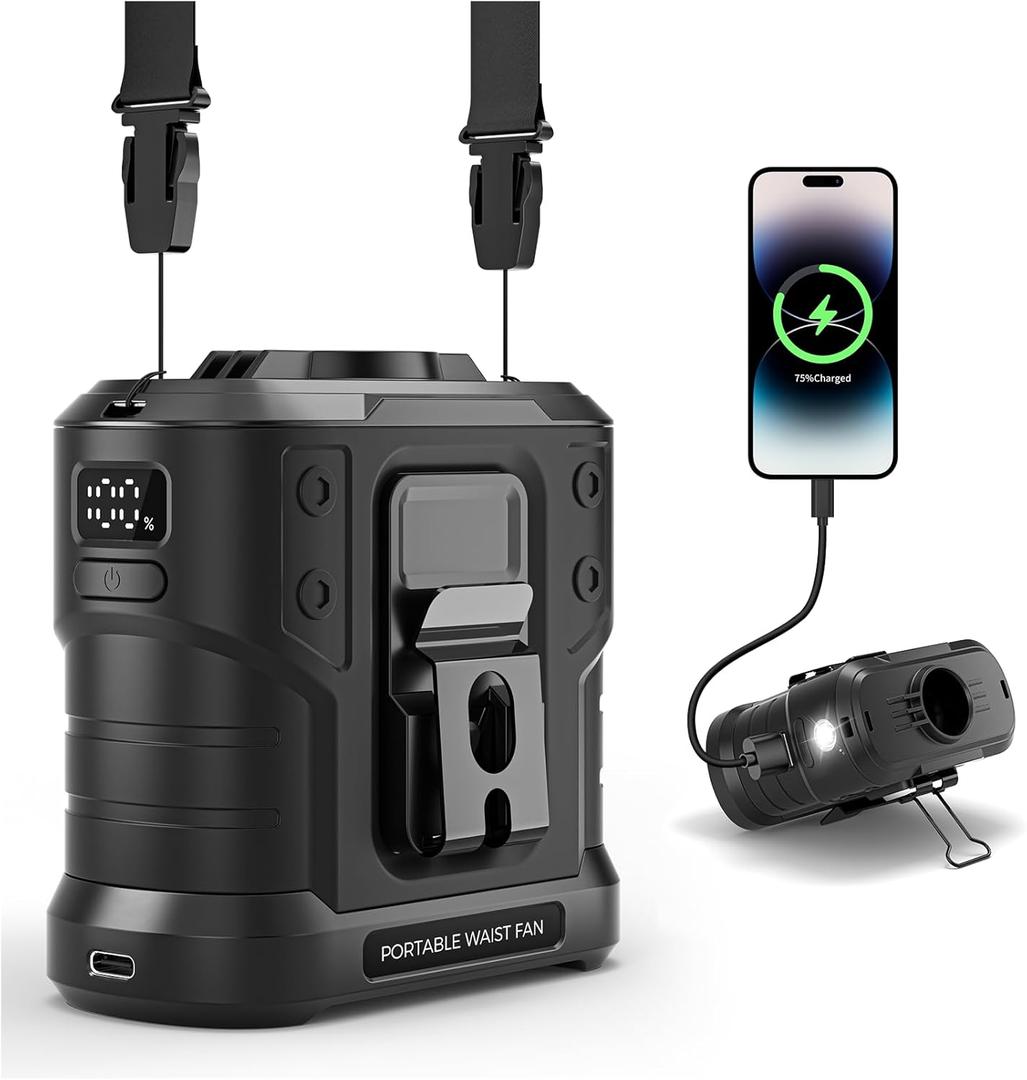 10000mAh Portable Waist Fan Rechargeable, 5 Speeds 16000RPM Brushless Motor Strong Airflow, Hands-Free Wearable Cooling Personal Shirt Belt Fan for Outdoor Jobsite, Camping, Travel