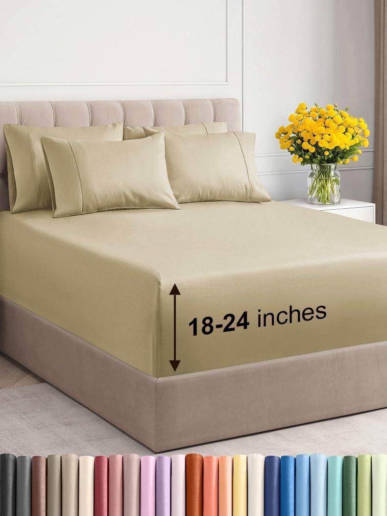 Extra Deep Queen Sheet Set - 6 Piece Breathable and Cooling Sheets - Hotel Luxury Bed Sheets Set - Easy & Secure Fit - Soft, Wrinkle Free and Comfy Sheets Set - Beige Sheet Set with Extra Deep Pockets