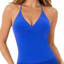 Ieumaz Workout Tank Tops for Women Strappy Back Twist Front Longline Medium Support Gym Yoga Top with Removable Cups (Blue, M)