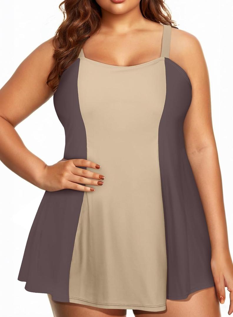 Aleumdr Women Plus Size One Piece Swimsuit Swim Dress Tummy Control Bathing Suit Athletic Swimdress Build in Shorts with Pockets Black 1X