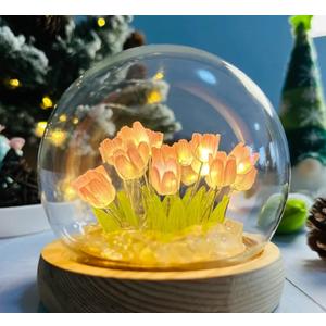 (20 Flower) Birthday Gifts for Mom, Tulip Lamp Night Light with Glass Dome,Handmade Artificial Flower Table Lamp Bedroom Desk Decoration for Women Daughter Girlfriend Christmas Holiday Gift