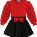 Arshiner Toddler Girl Skirt Set 2Pcs Outfits Puff Sleeve Knit Tops and Flared Mini Skirts with Bowknot Kids Cute Clothes 1-6 (Size 90)
