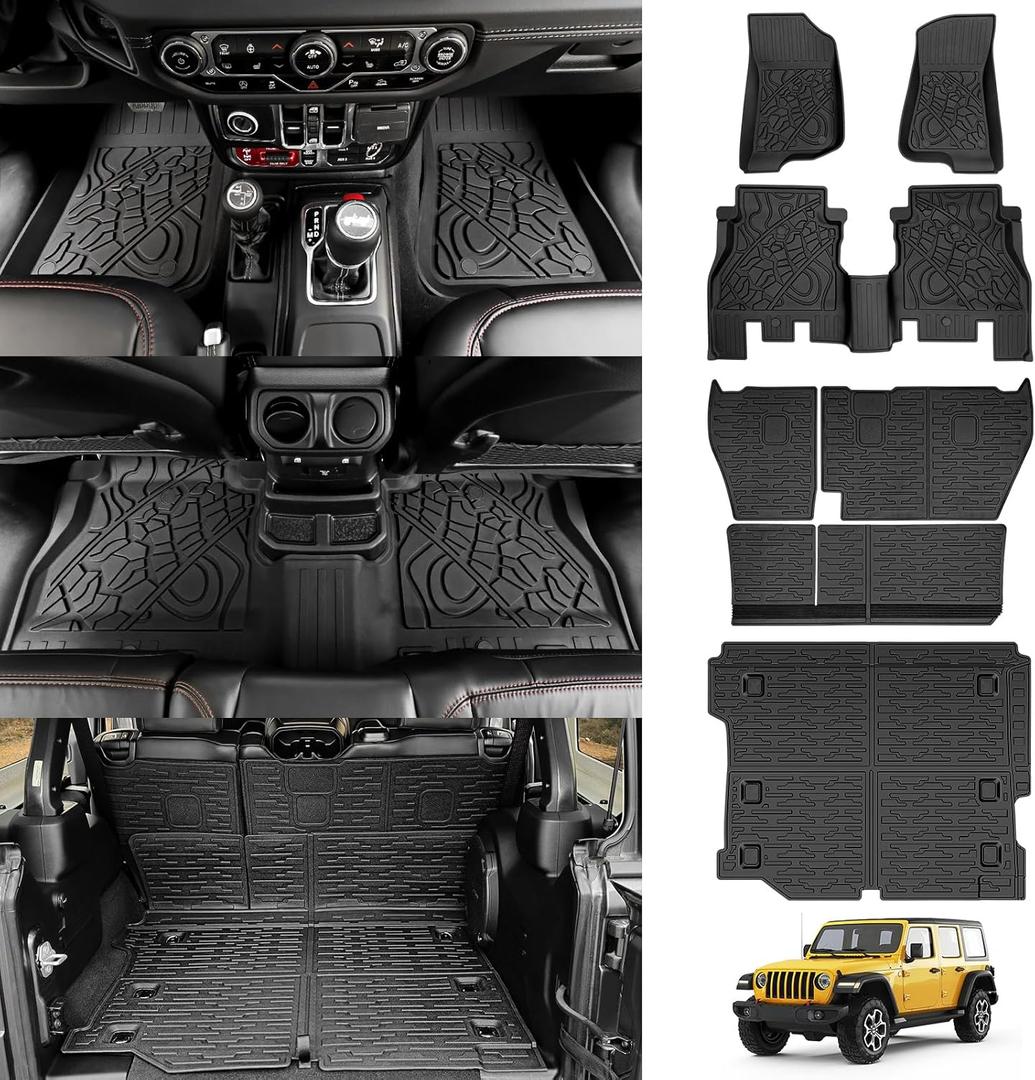 Cargo Mats for 2018-2025 Jeep Wrangler JL 4X4 Floor Liners with Trunk Mat Backrest Mat All Weather TPE Protector Rear Floor Trunk Liners for 18-25 Wrangler JL 4X4 4 Door Accessories