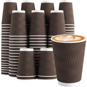 Clawsoff 100 Pack 12 oz Coffee Cups Disposable, 100 Count Insulated Paper Coffee Cups, Corrugated Ripple Wall Design Paper Cup, Hot Cold Drinking Cup for Party, Picnic, Travel, Business, Home (Brown)