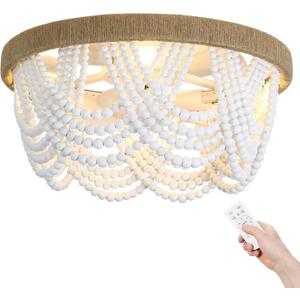 Boho Ceiling Fan with Light and Remote, 20 Wood Beads Flush Mount Ceiling Fans with 6 Speeds, Bohemian Caged Fandelier Chandelier Fan for Nursery Bedroom Living Room