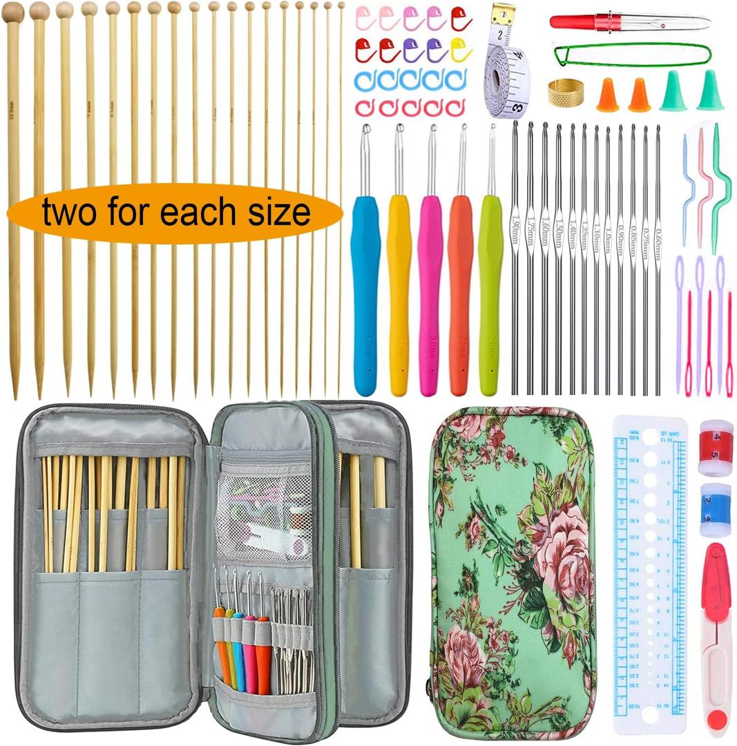 Mdoker 95pcs Knitting Needles Kit&Crochet Hooks Set 36 Straight Bamboo Knitting Needle 12 Small Size Lace Crochet Hook 5 Ergonomic Crochet Needles Knitting Set with Knitting Supplies&Accessories (Green)