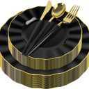 150Pcs Plastic Plates with Gold Rim,Heavy Duty Black Plates for 30 Guests,Plastic Dinnerware Set Include 30 Dinner Plate,30 Dessert Plate,90 Gold Cutlery Set for Party (Black)