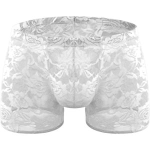 Men's Lace Boxers Underwear Seamless Lace Design with Low Waist Sexy and Comfortable Mens Under Panties (White)
