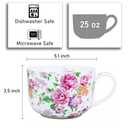 LanHong 25 Ounce Bone China Soup Bowls with Handles Large Soup Mug for Coffee Cereal Oatmeal Latte Flora Soup Bowl Bone China Soup Cup Microwave Safe (Pink Floral)