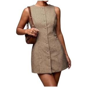 SOLY HUX Women's Plaid Button Down Dress Crew Neck Sleeveless Tie Back Work Office Mini Dresses size S
