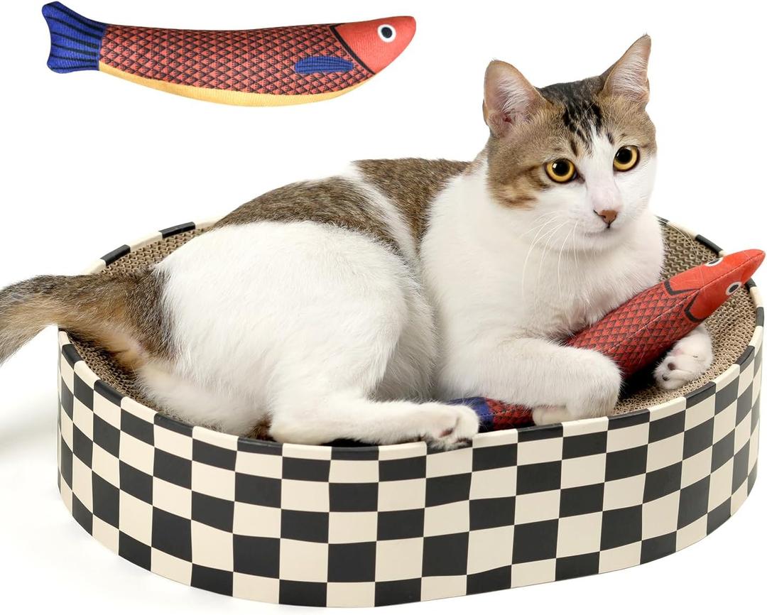 Cat Scratcher Bed,2 in 1 Oval Cat Scratching Board for Indoor,Scratch Pad Corrugated Cardboard Lounge Bowl Nest Couch Sofas for Kitty Play&Rest,Holiday Birthday Gift with Kittens Toy Fish (Cat Toy Fish+Checkerboard)