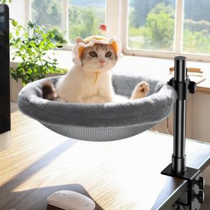 Cat Desk Bed, Cat Hammock for Home Office, 360Rotating & Adjustable Shelf, Removable Comfortable Soft Pet Nest Bed, Modern Unique Kitten Furniture Attachment for Game Tables, Grey