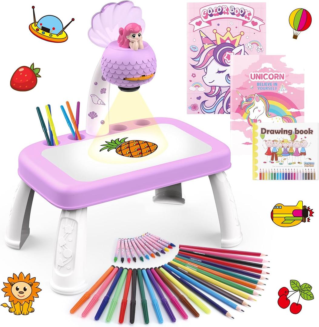 Drawing Projector for Kids with Art Supplies - Includes Drawing Board, Crayons & Coloring Book - Mermaid-Themed Art & Craft Toy for Girls Ages 3-5 Year Old