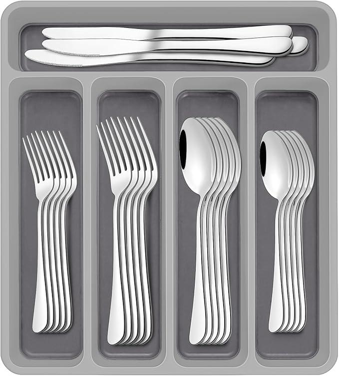 60-Piece Black Silverware Set with Organizer, AIVIKI Stainless Steel Flatware for 12, Cutlery Utensil Set for Home Restaurant, Tableware Includes Knife Fork Spoon Set, Mirror Polished