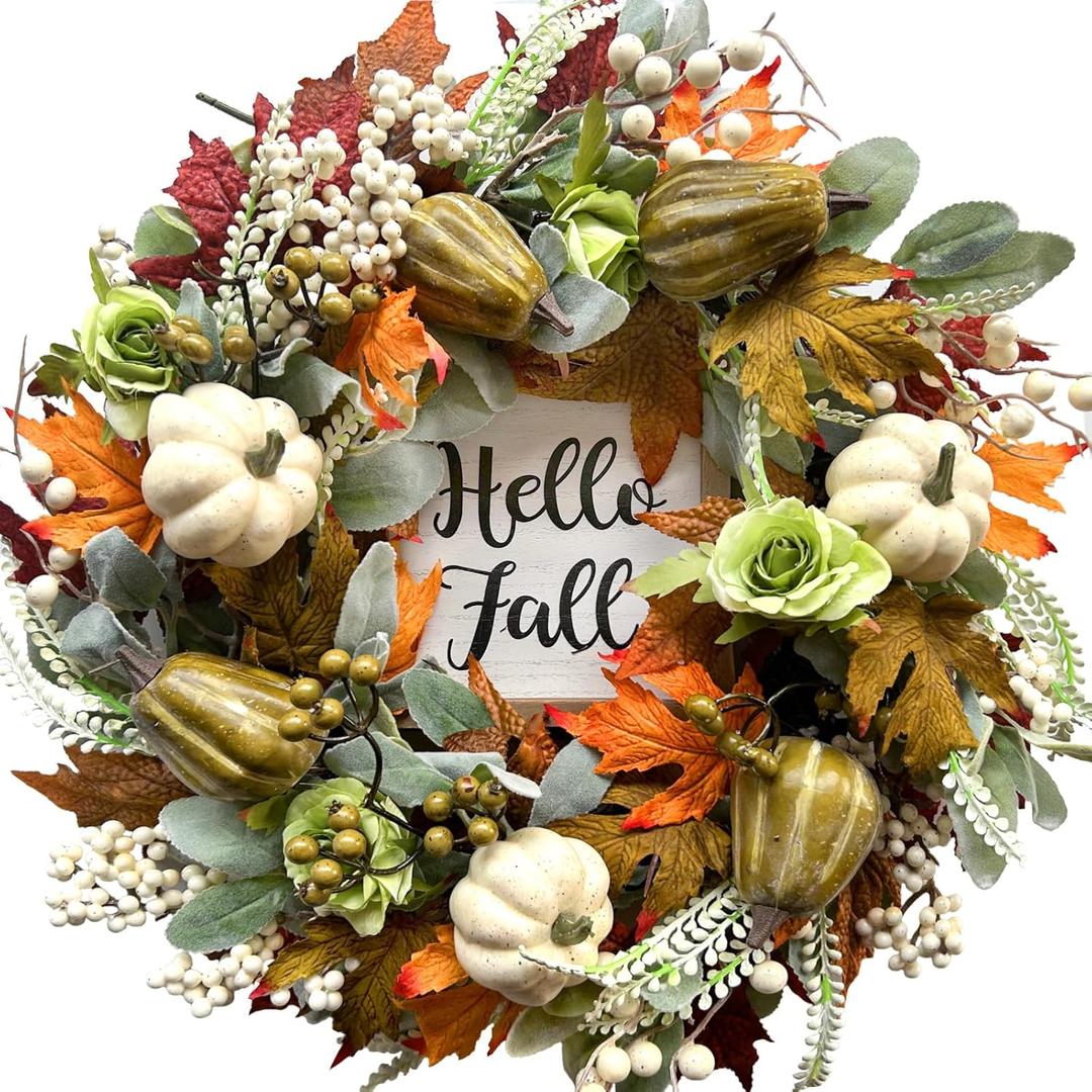 Bibelot Hello Fall Wreath 22' Autumn Decor, Harvest Wreath with Pumpkin, Maple Leaves, Pine Cones for Front Door, Wall, Indoor, Outdoor, Thanksgiving, Fall