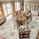 12x12 Square Area Rug Living Room: Boho Floral Washable Mat for Dining Room Bedroom Office High Traffic Area Soft Non Slip Low Pile Indoor Carpet for Vintage Farmhouse Home Decor (12ft Square, Beige)