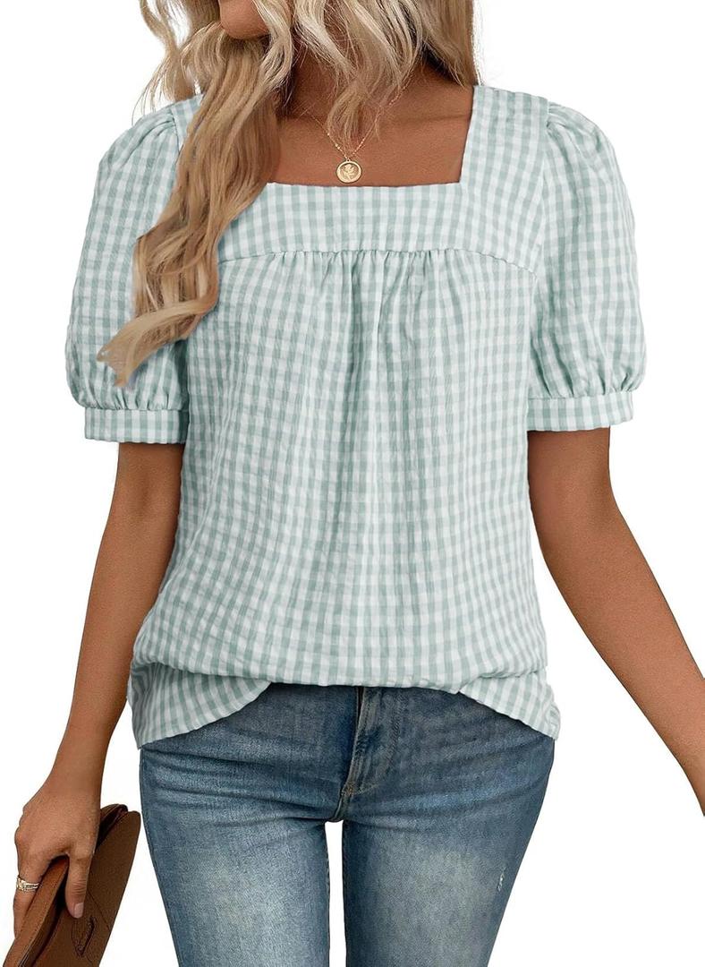 EVALESS Tops for Women Short Sleeve Tunic Blouse Square Neck Gingham Tops Cotton Blend Plaid Shirt Cute Checkered Shirt. L Size