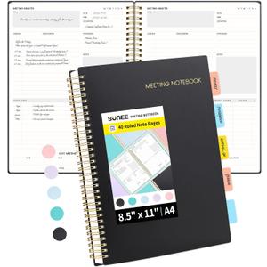 SUNEE Meeting Notebook for Work with Sticky Tabs - 160 Pages, A4 Size Project Planner, Spiral Meeting Agenda/Minutes Notebook Organizer for Women Men, Note Taking, Office & Business, 8.5"x11", Black