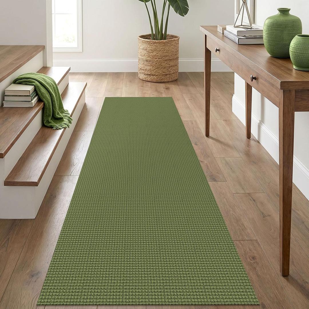 Washable Runner Rug 3x5 Non Slip Rubber Backed Wide Hallway Runner Entryway Runner Indoor, Kitchen Rugs Woven Cotton Floor Carpet for Hall Entrance Bedroom, Olive Green/Earthy Green