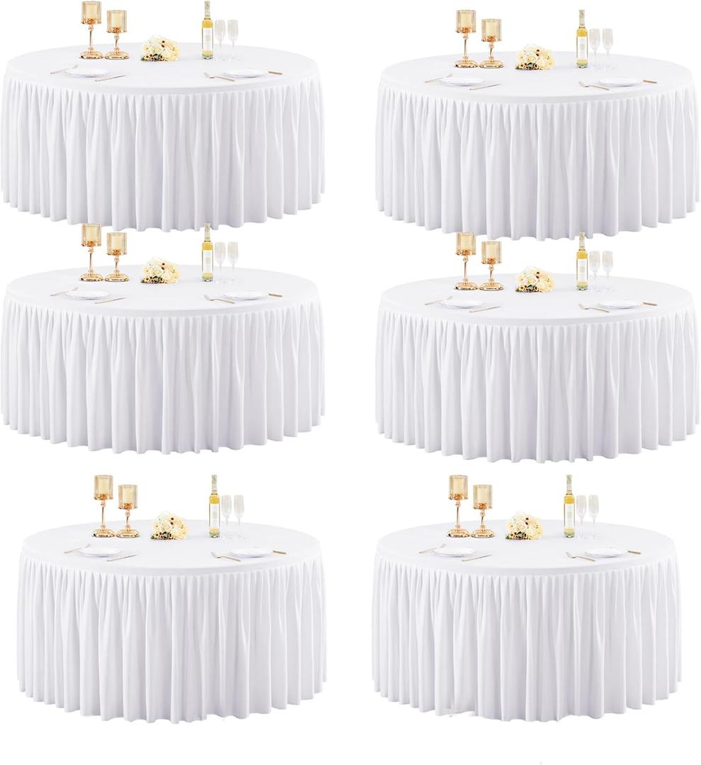 60Inch White Round Tablecloth,6 Pack Wrinkle Resistant 5ft Spandex Tablecloth,Washable Stretchy Polyester Table Cloth Round Cover for Dining Table,Wedding,Reception Banquet, Birthday Party, Buffet