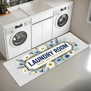Laundry Room Rug Runner 47"x20" Non Slip Washable Floor Mat, Daisy Border with “WASH Dry FOLD Repeat” for Mudroom Entryway Kitchen Landing Decor