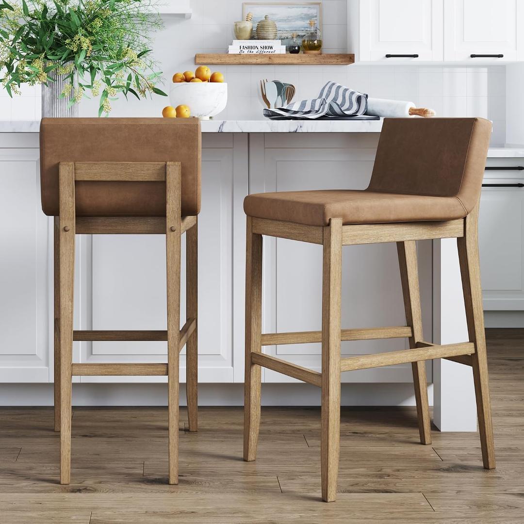 Nathan James Gracie Modern Upholstered Bar Chair, Wooden Bar Stool for Kitchen Island with Faux Leather Upholstery, Light Brown, Set of 2, Bar Height - Set of 2