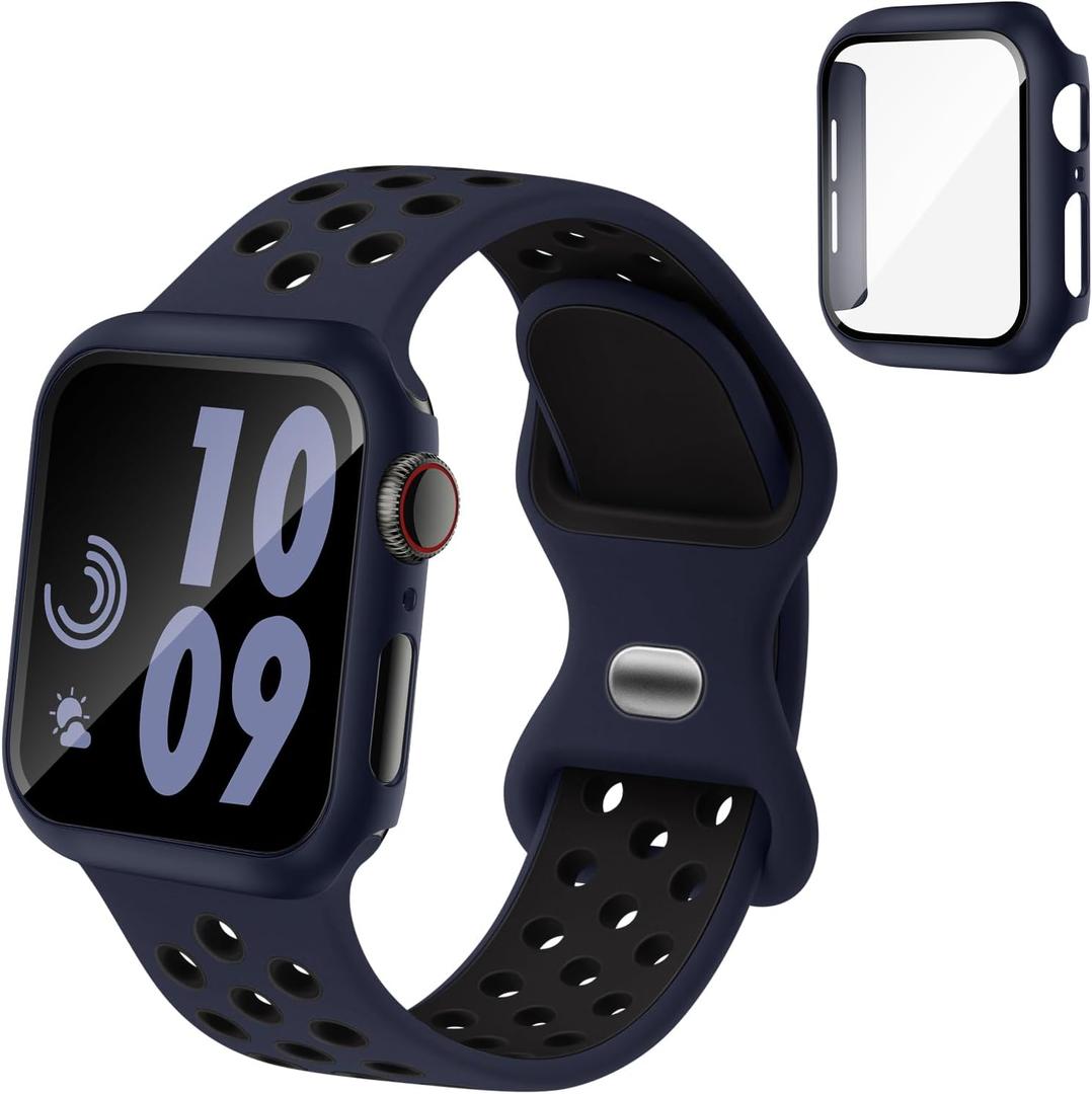 Sport Silicone Bands and Case with Screen Protector Compatible with Apple Watch Band 44mm/45mm/46mm/42mm/41mm/40mm for Men, Breathable Strap and Cover Combo for iWatch Series 11/10/9/8/7/6/5/4/SE (Midnightblue Black)
