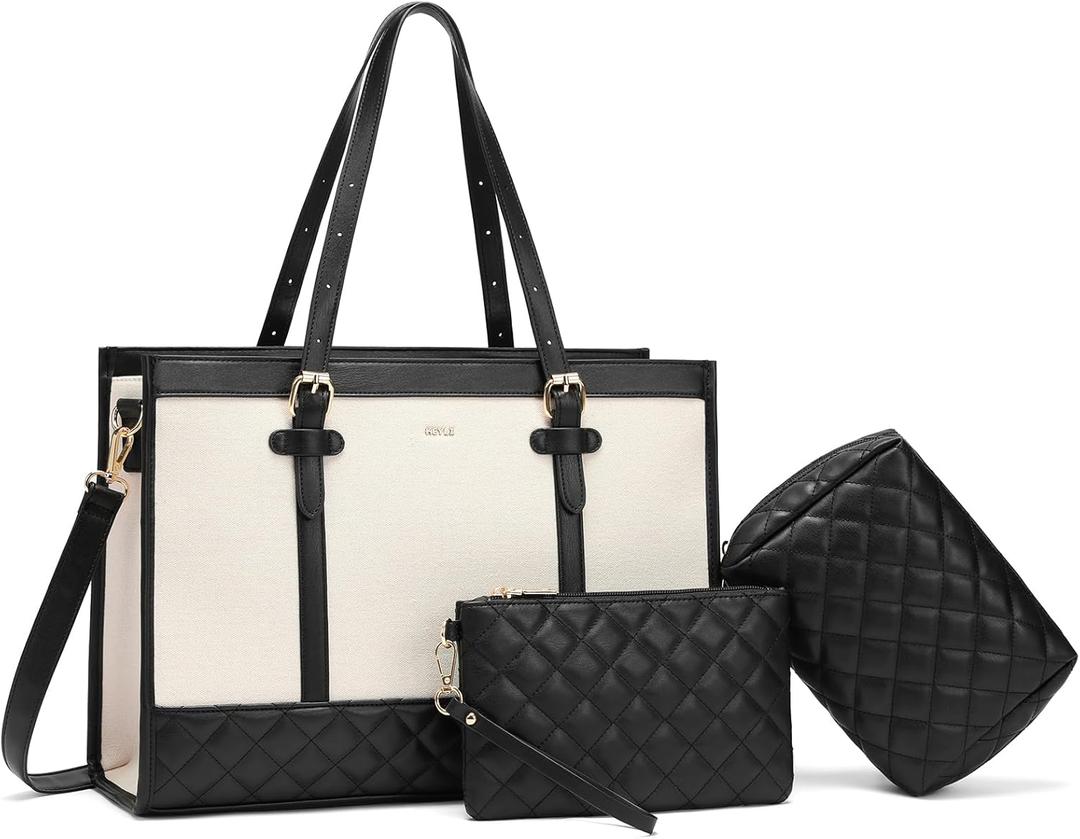 Keyli 3pcs Laptop Bag for Women,15.6 Inch Canvas Tote Bag Work Bags Large Business Computer Briefcase Shoulder Handbag Purse (S-black+khaki)