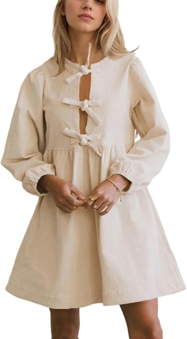 Women Corduroy Long Puff Sleeve Bow Tie Front Peplum Mini Dress A Line Ruffle Short Dress Cute Flowy Tunic Dress Apricot Smal