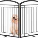 Full Metal Free Standing Dog Gate with Door for Indoor Outdoor, 48'' Extra Wide 32'' Tall Dog Gate for Doorways,Large Openings,Decks,Pet Puppy Freestanding Safety Fence(2 Panels,Black)