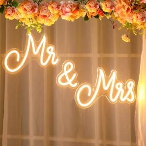 Mr and Mrs Neon Sign for Wedding 25 x 7 Inches Neon Light LED Backdrop Wall Decor USB Wedding Reception Decoration Gifts for Anniversary Engagement Banquet(Warm White)