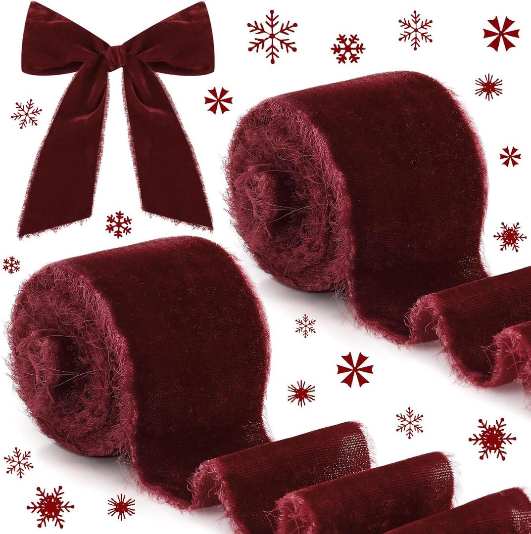 6 Yards Velvet Wrapping Ribbon, 2 Roll Wedding Silk Frayed Handmade Velvet Ribbon for Wrapping Wedding Bouquet Invitation Cards Handmade Crafts Bouquet Gift Wreaths Decor (Burgundy, 2 Inch)