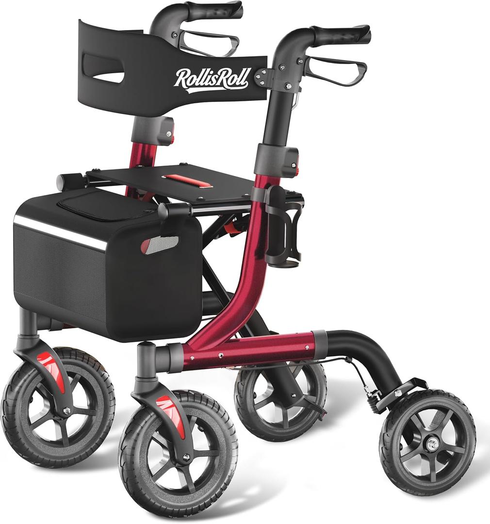 RollisRoll Walkers for Seniors with Seat, Foldable Rollator Walker, Reinforced Aluminum Frame, 10" Big Rubber Wheels for All Terrain, Built-in Cable, Lightweight Rolling Walker, Burgundy