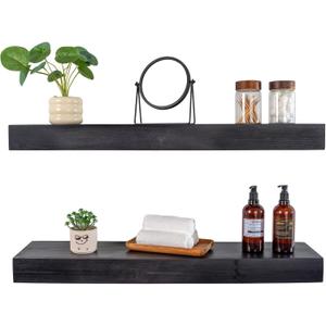 Floating Shelves 3 inch Thick for Wall Set of 2,Solid Pine Wood Wall Mount Shelf for Kitchen Living Room Bedroom Bathroom,8" D x 30" L x 3" H-Black