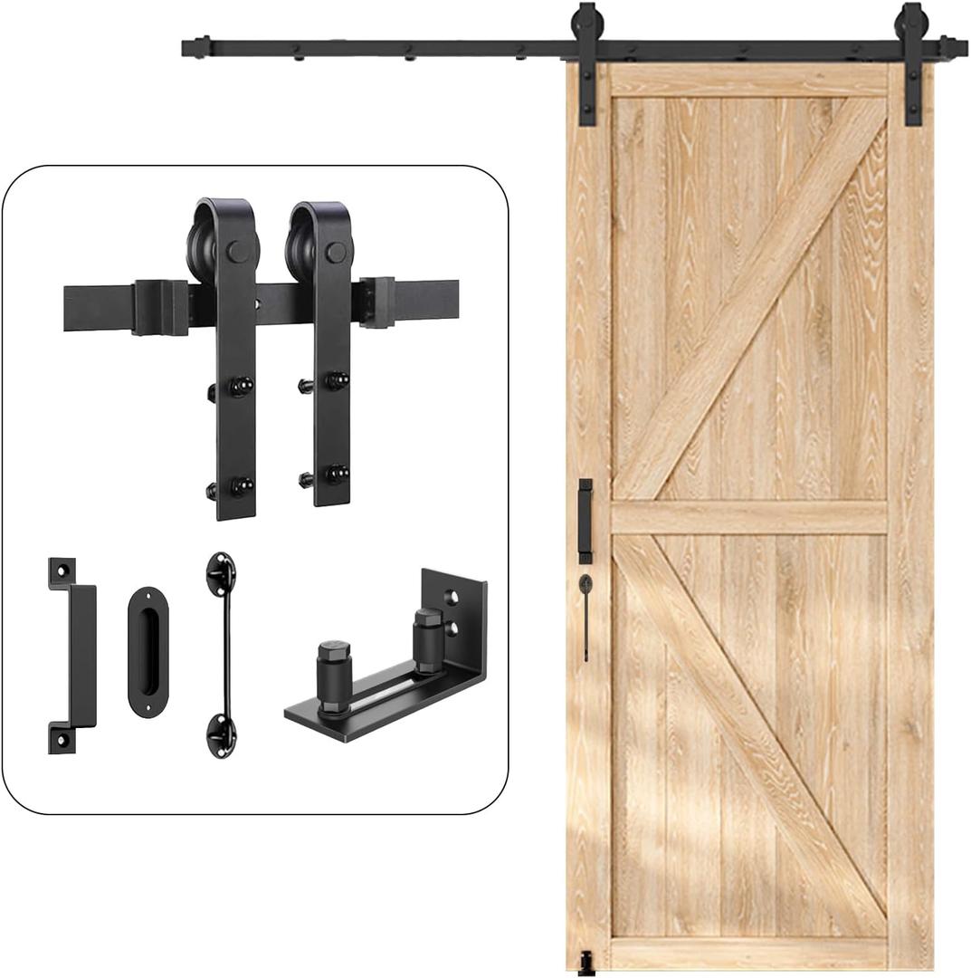 6.6 FT Heavy Duty Sliding Barn Door Hardware Kit-Smoothly and Quietly-Easy to Install with Adjustable Floor Guide,Door Hook and 2 Handles-Fit 1 3/8-1 3/4" Thickness (Black)(J Shape Hangers)