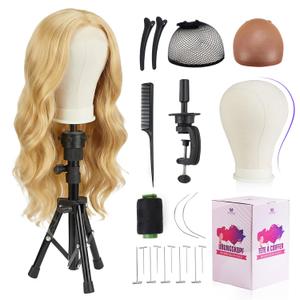 Wig Head Stand 23 Inch, Wig Stand with Head Wig Stand Tripod with Mannequin Head Stand, Wig Head Stand with Canvas Head for Wigs Making Display with Table Clamp, Wig Caps, Pins Set(Wig not included)