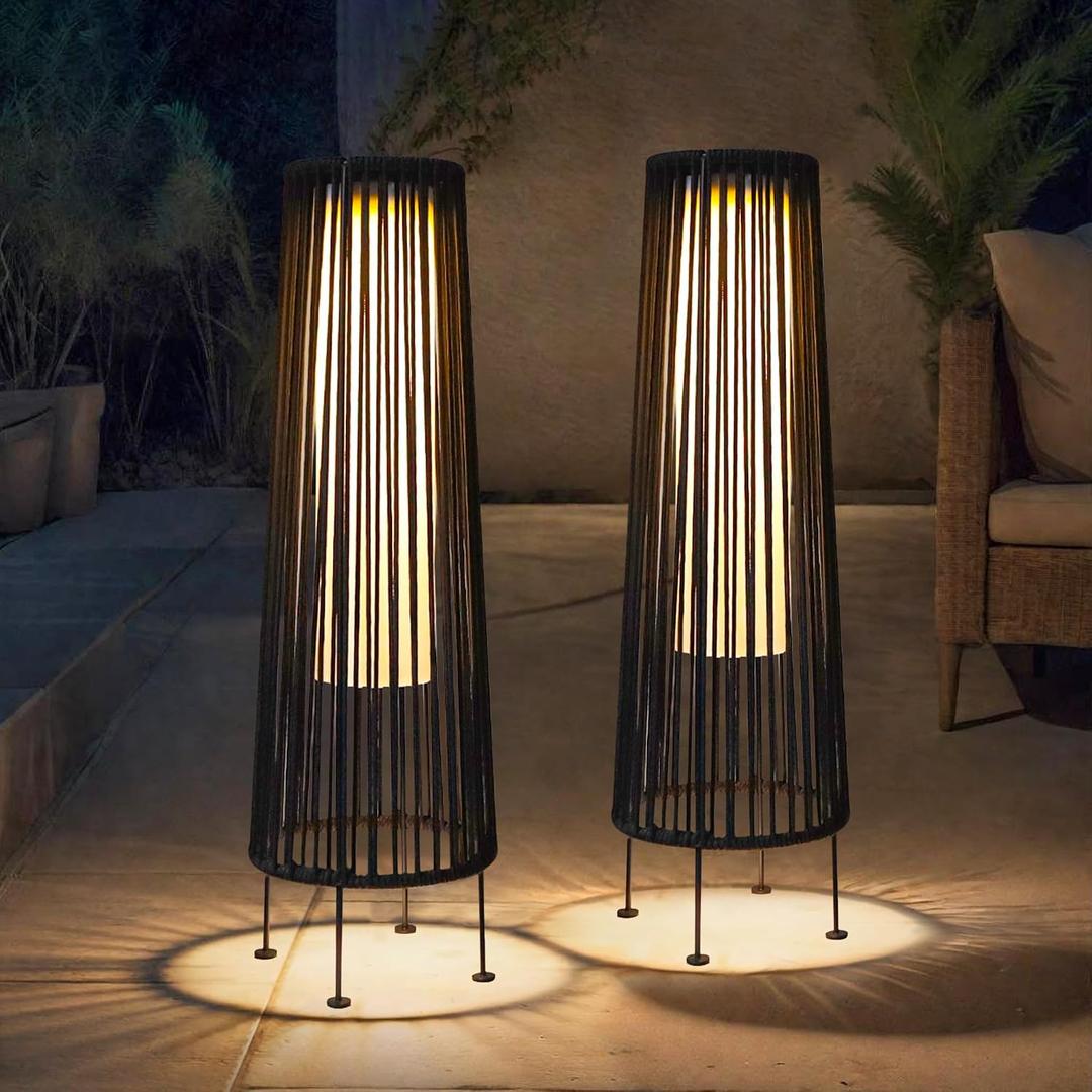 TRIROCKS Outdoor Floor Lamp 2 Piece Solar Powered Lantern Wicker Solar Patio Lamp with Olifen Rope Waterproof Rattan Outside Solar Deck Light for Patio Garden Lawn Yard (Black)