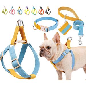 No Pull Dog Harness and Leash Set, Dog Collar, Step in Dog Halter Harness with Poop Bag Holder, Adjustable Lightweight Cotton Straps Suitable for Small Medium Large Dogs Outdoor Walking Running Hiking (Blue-Orange-Set)