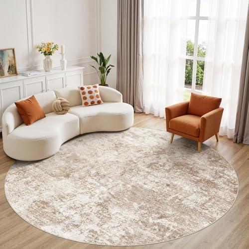 Micgeek 8ft Round Area Rug - 8X8 Abstract Washable Large Soft Foldable Non Slip Rug Neutral Modern Low Pile Carpet for Living Room Bedroom Nursery Dining Room Farmhouse Home Office Indoor - Brown
