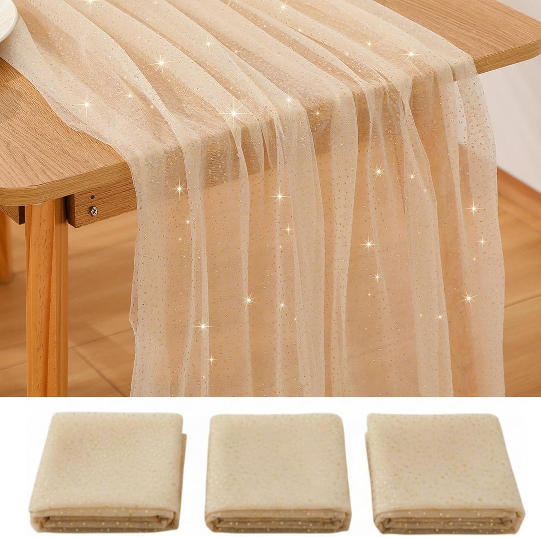 3 Pcs First Communion Decorations Gauze 10 ft Table Runner Glitter Metallic Foil Sheer Tulle Chiffon Cheesecloth Sequin Table Runner for Wedding Party Anniversary Birthday (Champagne Gold)