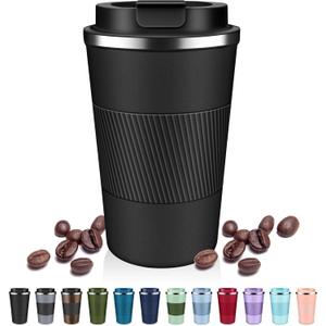 Insulated Coffee Tumblers with Flip Lid 12oz / 17oz, Stainless Steel Travel Coffee Mug Leak Proof, Vacuum Insulated Coffee Mug Reusable Cup, Keeps Cold and Hot for Coffee Tea (Black)