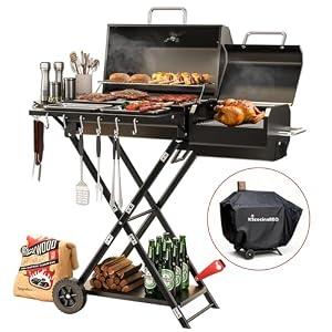 kscocinaBBQ Portable Charcoal Grill with Smoking Function, Foldable Suitcase Design with Wheels, Multi-Tier Storage Rack & Waterproof Cover for Outdoor BBQ Parties (Black)