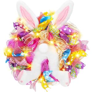 ShinyRelief Easter Bunny Wreath with LED Lights Rabbit Butt Ear Easter Door Decorations 17.7 inches Window Wall Decor Spring Holiday Garland for Front Door Indoor Outdoor Supplies