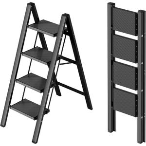 Taranta 4 Step Ladder,Aluminum Lightweight Folding 4 Step Stool with Anti-Slip Wide Pedal,330lbs Capacity Step Ladder for Household,Kitchen,Office - Black